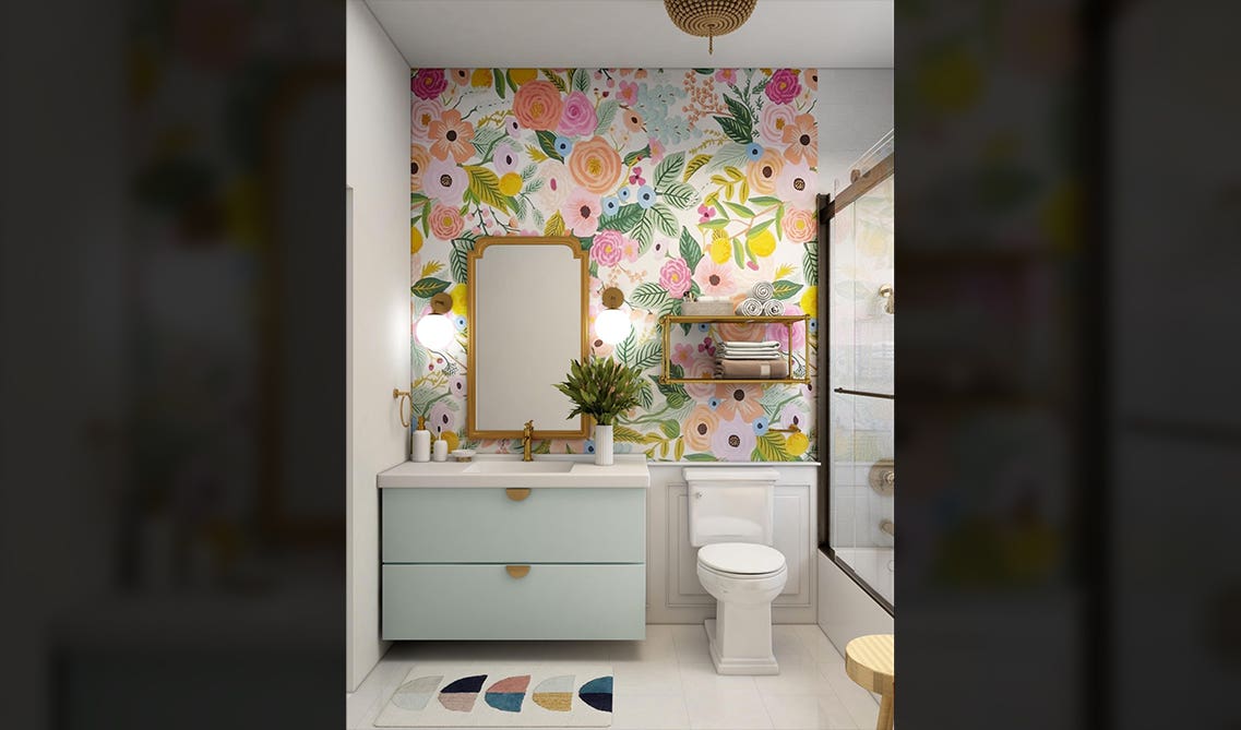 Floral print wallpaper with mirror and white sink